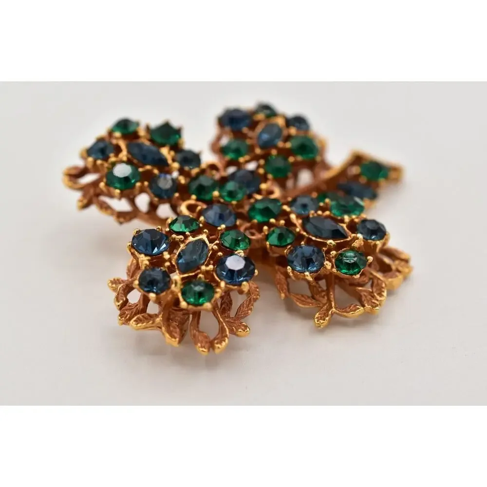 BSK Vintage Crystal Clover Pin Brooch Green Blue Rhinestone Gold Signed BinBG